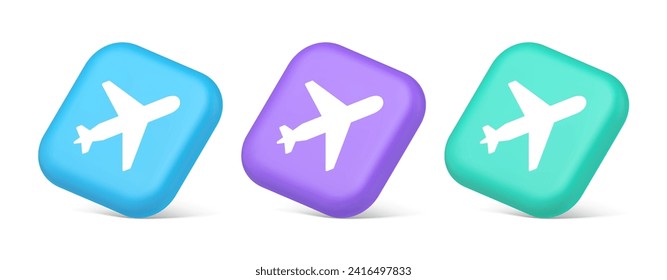 Airplane plane travel button flying vehicle commercial jet navigation 3d realistic blue purple and green icons. Aircraft winged passenger transportation airline web application