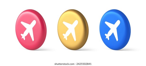 Airplane plane travel button flying vehicle commercial jet navigation 3d realistic blue gold and pink icons. Aircraft winged passenger transportation airline web application