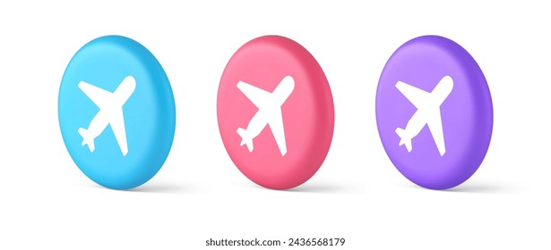 Airplane plane travel button flying vehicle commercial jet navigation 3d realistic blue pink and purple icons. Aircraft winged passenger transportation airline web application