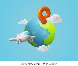 Airplane and planet Earth in the sky. 3D cartoon plastic style vector illustration. White jet airplane on blue background. Realistic passenger plane. Air transport and destination mark