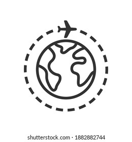 Avión con icono del vector negro del planeta o globo. Alrededor del viaje mundial, tierra con avión, símbolo de viaje.