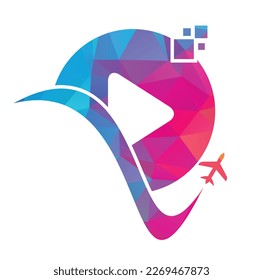 Airplane play button logo design. Airplane and record symbol or icon. Travel media logo design vector.