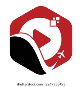 Airplane play button logo design. Airplane and record symbol or icon. Travel media logo design vector.