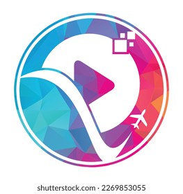 Airplane play button logo design. Airplane and record symbol or icon. Travel media logo design vector.