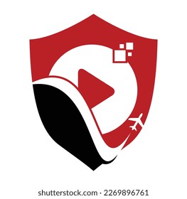 Airplane play button logo design. Airplane and record symbol or icon. Travel media logo design vector.
