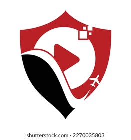 Airplane play button logo design. Airplane and record symbol or icon. Travel media logo design vector.