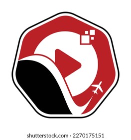 Airplane play button logo design. Airplane and record symbol or icon. Travel media logo design vector.