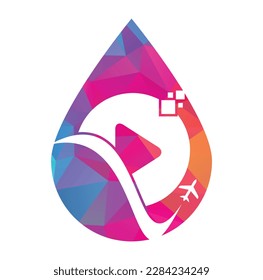 Airplane play button logo design. Airplane and record symbol or icon. Travel media drop shape logo design vector.