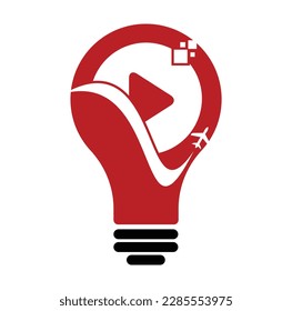 Airplane play button logo design. Airplane and record symbol or icon. Travel media bulb shape logo design vector.