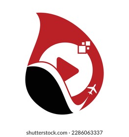 Airplane play button logo design. Airplane and record symbol or icon. Travel media drop shape logo design vector.