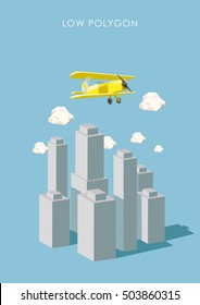 Avión y ciudad polígona. Ilustración vectorial de pozo bajo. Concepto de viaje y aventura.