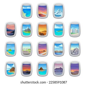 Airplane porthole with different picturesque views set cartoon vector illustration