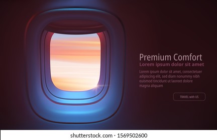 Airplane porthole in the evening ambient atmosphere with clouds sunset visible through window. In pink blue color scheme. Ultra realistic 3d vector illustration with copy space