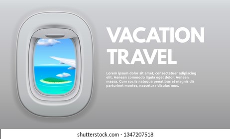 Airplane porthole view. Travel aircraft wing in window, traveler air plane and vacation traveling. Jet sky side, airplane journey or aircraft cabin view booklet concept vector illustration