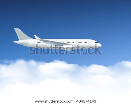 Airplane poster which flies at altitudes on a background of blue sky and clouds vector illustration