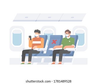 Airplane Practicing Safety Health Protocols Social Distancing By Dividing Pessengers To Empty The Middle Seat Of Flight Illusration Vector Concept 