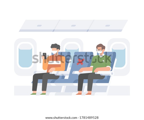 Airplane practicing safety health protocols\
social distancing by dividing pessengers to empty the middle seat\
of flight illusration vector concept\
