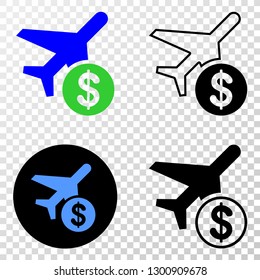 Airplane price EPS vector icon with contour, black and colored versions. Illustration style is flat iconic symbol on chess transparent background.