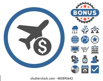 Airplane Price icon with bonus elements. Vector illustration style is flat iconic bicolor symbols, cobalt and gray colors, white background.