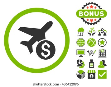Airplane Price icon with bonus elements. Vector illustration style is flat iconic bicolor symbols, eco green and gray colors, white background.