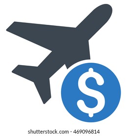 Airplane Price icon. Vector style is bicolor flat iconic symbol with rounded angles, smooth blue colors, white background.