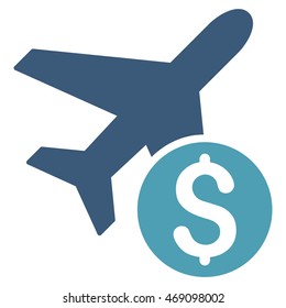 Airplane Price icon. Vector style is bicolor flat iconic symbol with rounded angles, cyan and blue colors, white background.