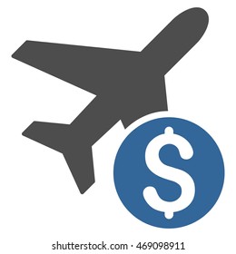 Airplane Price icon. Vector style is bicolor flat iconic symbol with rounded angles, cobalt and gray colors, white background.