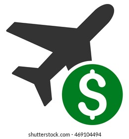 Airplane Price icon. Vector style is bicolor flat iconic symbol with rounded angles, green and gray colors, white background.