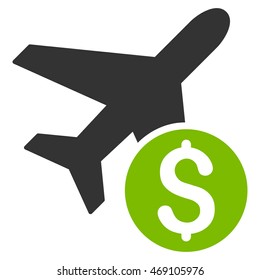 Airplane Price icon. Vector style is bicolor flat iconic symbol with rounded angles, eco green and gray colors, white background.