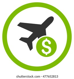 Airplane Price rounded icon. Vector illustration style is flat iconic bicolor symbol, eco green and gray colors, white background.