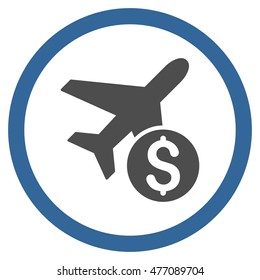 Airplane Price vector bicolor rounded icon. Image style is a flat icon symbol inside a circle, cobalt and gray colors, white background.