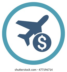 Airplane Price vector bicolor rounded icon. Image style is a flat icon symbol inside a circle, cyan and blue colors, white background.