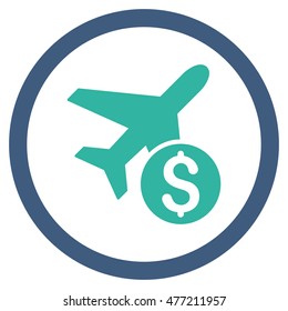 Airplane Price vector bicolor rounded icon. Image style is a flat icon symbol inside a circle, cobalt and cyan colors, white background.