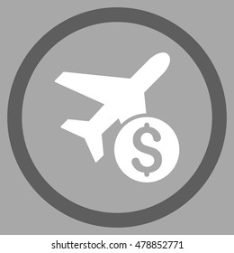 Airplane Price vector bicolor rounded icon. Image style is a flat icon symbol inside a circle, dark gray and white colors, silver background.