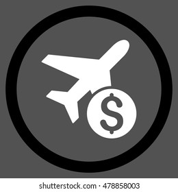 Airplane Price vector bicolor rounded icon. Image style is a flat icon symbol inside a circle, black and white colors, gray background.