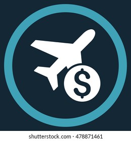 Airplane Price vector bicolor rounded icon. Image style is a flat icon symbol inside a circle, blue and white colors, dark blue background.