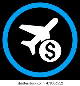 Airplane Price vector bicolor rounded icon. Image style is a flat icon symbol inside a circle, blue and white colors, black background.