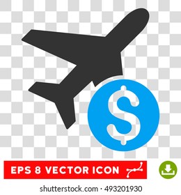 Airplane Price vector icon. Image style is a flat blue and gray pictogram symbol.