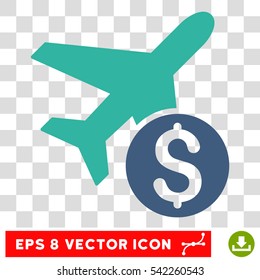 Airplane Price vector icon. Image style is a flat cobalt and cyan pictogram symbol.