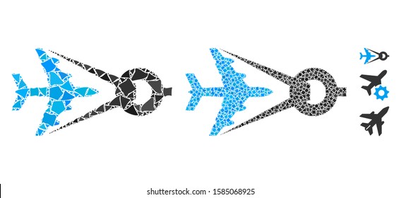 Airplane project icon composition of humpy elements in different sizes and color tints, based on airplane project icon. Vector irregular elements are grouped into composition.