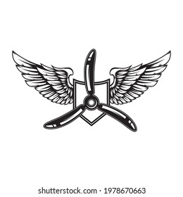 Airplane propeller with bird wings. Design element for logo, label, sign, emblem. Vector illustration