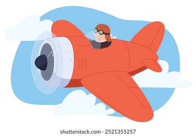 An airplane with a propeller in a cartoon style on the background of the sky. Cute colorful air transport. Beautiful baby illustration. Vector illustration