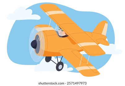 An airplane with a propeller in a cartoon style on the background of the sky. Cute colorful air transport. Beautiful baby illustration. Vector illustration