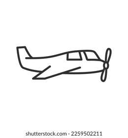 Airplane with a propeller on the front, linear icon. Line with editable stroke