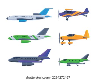 Airplane with Propeller and Wings Side View Vector Set