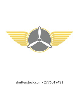 Airplane propeller with yellow wings on gray background, symbolizing speed and aviation