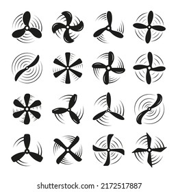 Airplane propellers and motor blades. Flat rotating propeller, cooling fan elements. Motors rotated, plane or electric boat turbine tidy vector icons set
