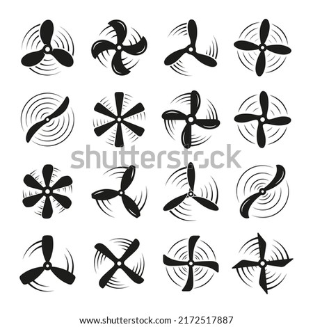 Airplane propellers and motor blades. Flat rotating propeller, cooling fan elements. Motors rotated, plane or electric boat turbine tidy vector icons set