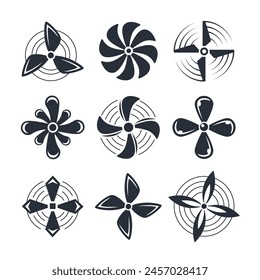 Airplane propellers and motor blades. Plane propellers set. Symbols fan rotating.