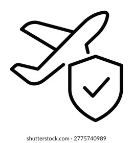 Airplane protected by shield with check mark icon line art air travel approved mark travel safety aviation security